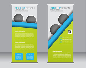 Roll up banner stand template. Abstract background for design,  business, education, advertisement.  Green and blue color. Vector  illustration.
