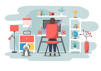 Vector Illustration People During Quarantine from coronavirus Works on Laptops and Computers at Home or Workplace .Remotely. Flat Style Design