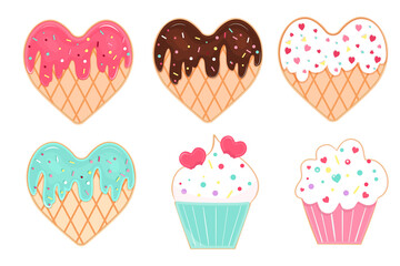 Vector set of glazed and sprinkles cookies and cupcakies for Valentines Day.