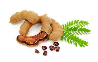 fresh tamarind fruits and leaves isolated on white background.Tamarind tropical fruit with leaf.