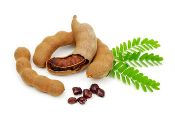 fresh tamarind fruits and leaves isolated on white background.Tamarind tropical fruit with leaf.	
