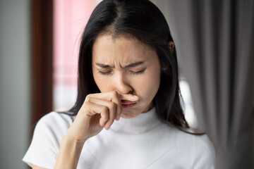 allergic sick woman or girl with runny nose, flu or covid-19 symptom, health care concept