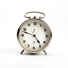 Silver vintage alarm clock on white background