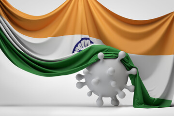 India national flag draped over a Covid virus disease molecule. 3D Rendering