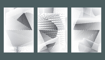 Abstract halftone dots and lines backgrounds, geometric dynamic patterns, vector modern design textures.