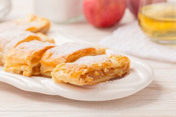 Homemade apple strudel (apfelstrudel) on white plate