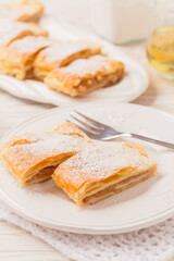 Homemade apple strudel (apfelstrudel) on white plate