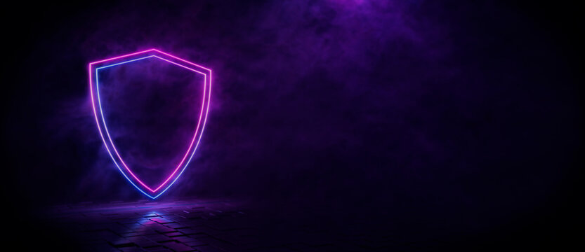 Pink and blue neon light shield icon. Vibrant colored technology symbol, isolated on a black background. 3D Render 