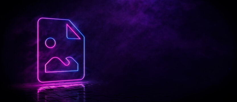Pink and blue neon light picture icon. Vibrant colored technology symbol, isolated on a black background. 3D Render 