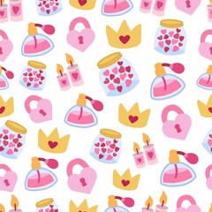 Love doodle background with valentine elements. Seamless lovely pattern. Vector hand drawn illustration