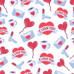 Love doodle background with valentine elements. Seamless lovely pattern. Vector hand drawn illustration