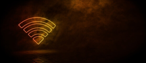 Orange and yellow neon light wifi icon. Vibrant colored technology symbol, isolated on a black background. 3D Render 