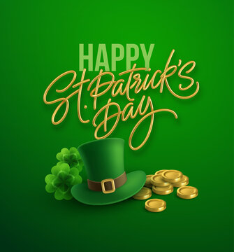 Happy St. Patricks Day greeting background for postcard, banner, poster. Leprechaun hat with clover leaves and gold coins. Vector illustration