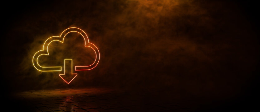 Orange and yellow neon light cloud download icon. Vibrant colored technology symbol, isolated on a black background. 3D Render 