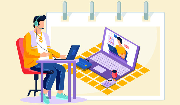 Man records a video lesson for a student. Guy with headset leads a webinar, talking to colleague. Teacher sits at a table with a laptop and speaks into a microphone, online learning modern education