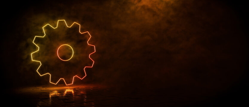 Orange and yellow neon light settings cog icon. Vibrant colored technology symbol, isolated on a black background. 3D Render 