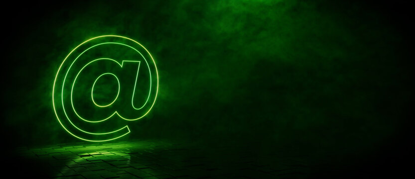 Green neon light @ icon. Vibrant colored technology symbol, isolated on a black background. 3D Render 