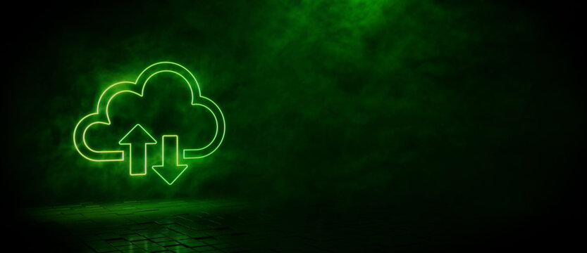 Green neon light cloud icon. Vibrant colored technology symbol, isolated on a black background. 3D Render 