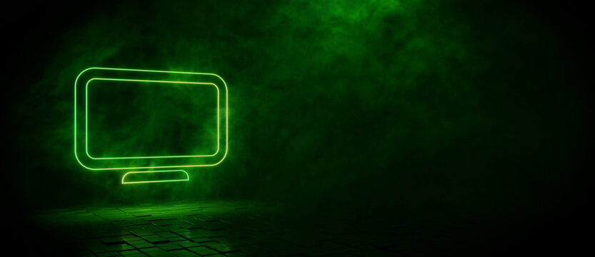 Green neon light display icon. Vibrant colored technology symbol, isolated on a black background. 3D Render 