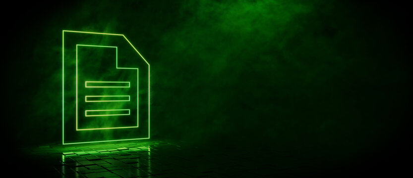 Green neon light document icon. Vibrant colored technology symbol, isolated on a black background. 3D Render 