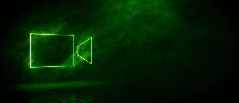Green neon light video camera icon. Vibrant colored technology symbol, isolated on a black background. 3D Render 