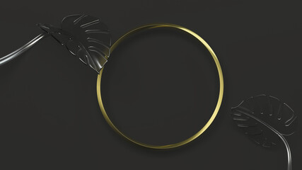 Golden circle frame on black background with monstera leaves. 3D Illustration
