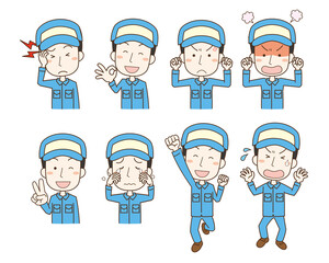 男性作業員の表情ポーズイラストセット