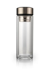 Glass thermos for brewing tea with reflection, isolated on a white background