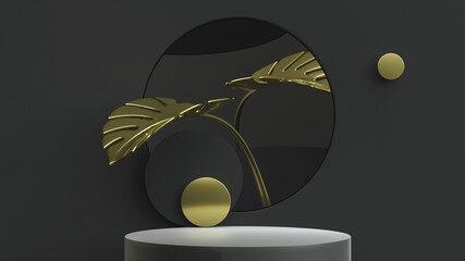 Gold monstera leaves and product stand minimal scene. 3D Illustration