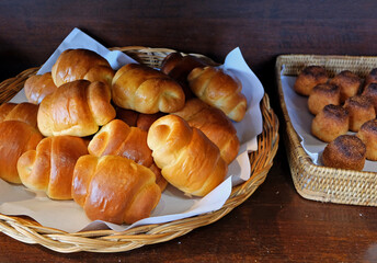Assorted bread and toast displayed in bakery  pastry shop
