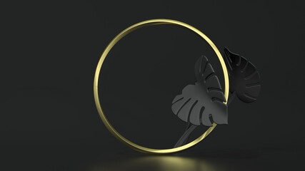 Golden circle frame on black background with monstera leaves. 3D Illustration
