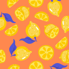 Seamless pattern with lemons on an orange background. Vector graphics.