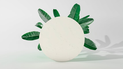 Cirle frame product stand with falling leaves. 3D Illustration