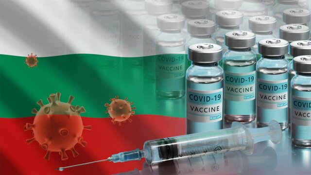 Bulgaria to launch COVID-19 vaccination campaign. Coronavirus vaccine vials, Covid 19 cells and flag of Bulgaria. Fighting the epidemic. Research and creation of a vaccine. Seamless loop video.