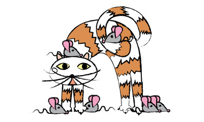 Katze mit Buckel und sechs Mäusen Tier Illustration