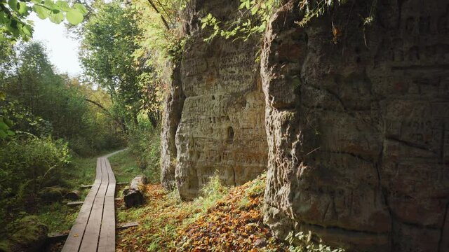 Walk in the Latvian Gauja National Park past the red sandy rocks. In autumn, the park is very popular. In different centuries, people left inscriptions on the rocks
