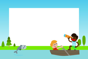 Friends sailing in a boat. Photo Frame for Kids. Vector illustration.