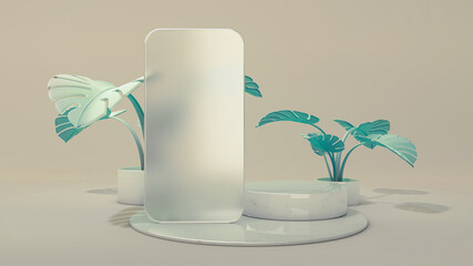 Frosted glass frame of a phone template application on podium. 3D Illustration