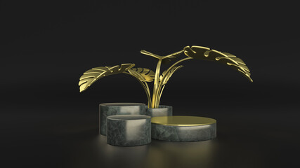 Gold monstera leaves and product stand minimal scene. 3D Illustration