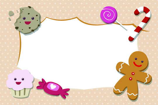 Cookies, sweets and candies photo frame. Vector illustration for kids.