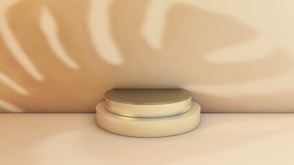 Monstera shadow on marble product stand with golden circle. 3D Illustration