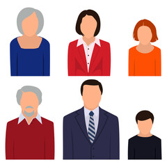 Female and male faceless avatars of people of different ages, set of icons. Vector illustration.