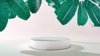 Rounded square frame product stand with falling leaves. 3D Illustration