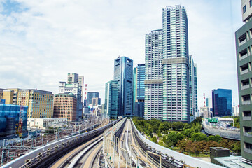 Monorail in Tokyo. Skyscrapers, urban landscape