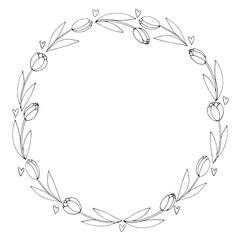 Vector round frame, wreath from outline tulips and hearts. Spring flowers. Hand drawn doodle isolated. Background, border, decoration for greeting card, invitation, Valentine's, Women's or Mother day