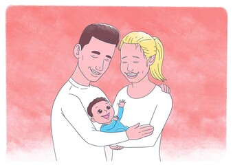 Young couple looking happy at baby in front of red background