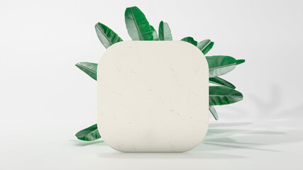 Rounded square frame podium with falling leaves. 3D Illustration