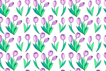 Vector seamless pattern with pink tulip flowers. Hand drawn spring texture, background. For wrapping paper, textile, greeting card, wedding, birthday, mother's or women's or Valentine's Day