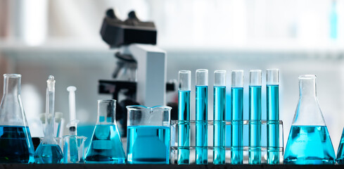 Chemistry laboratory glassware, science laboratory research and development concept, flask, beaker,...