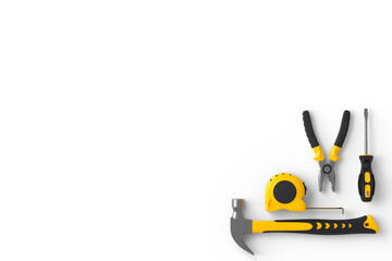 Set of construction tools for repair and installation on white background